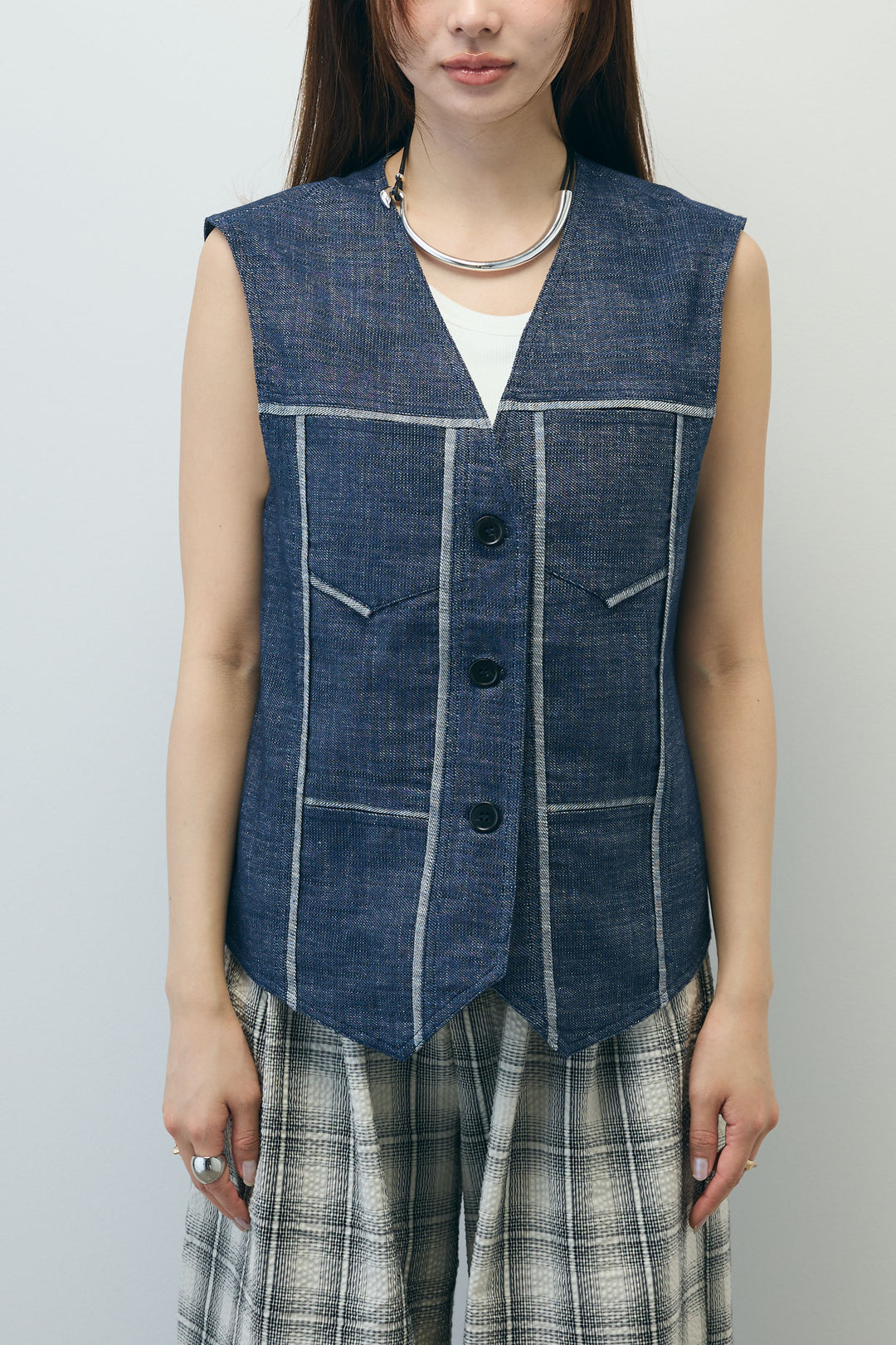 [予約/SET]デニムジレ+チェックワイドパンツ(2set)