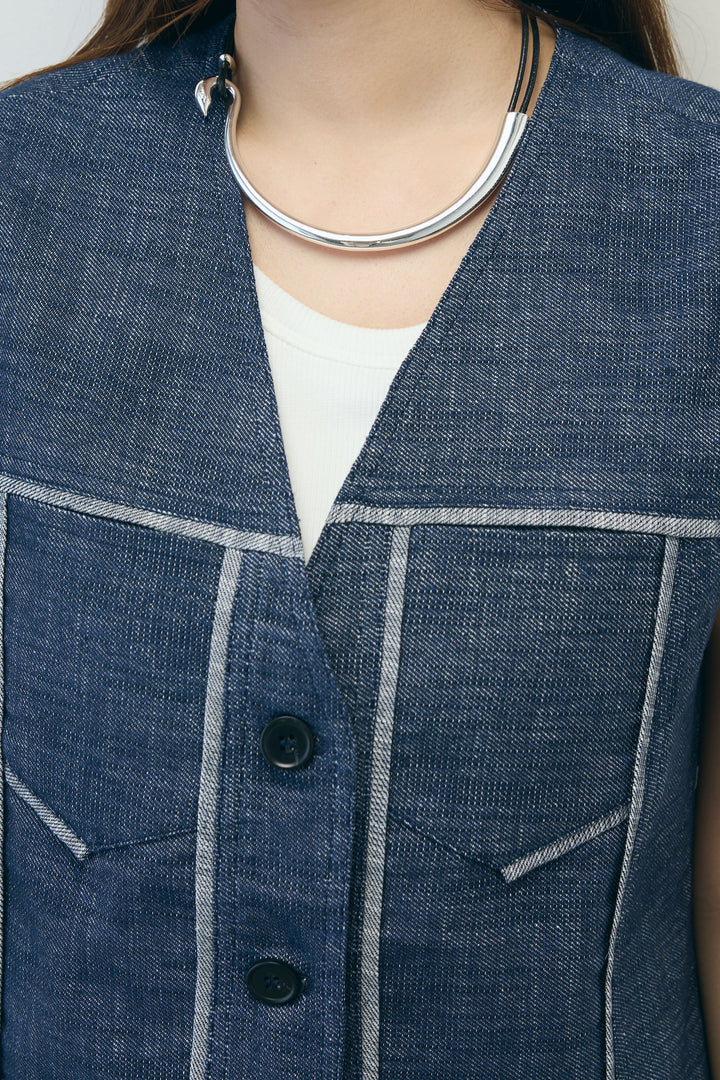 [予約/SET]デニムジレ+カップ付きホルターネックタンク+チェックワイドパンツ(3set)