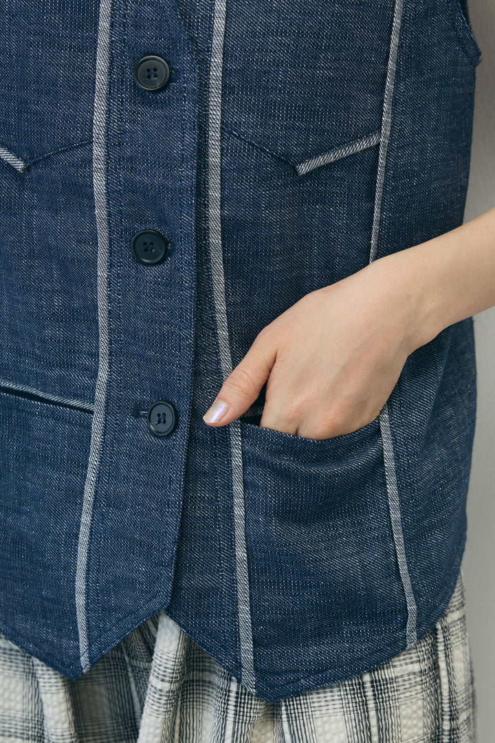 [予約/SET]デニムジレ+カップ付きホルターネックタンク+チェックワイドパンツ(3set)