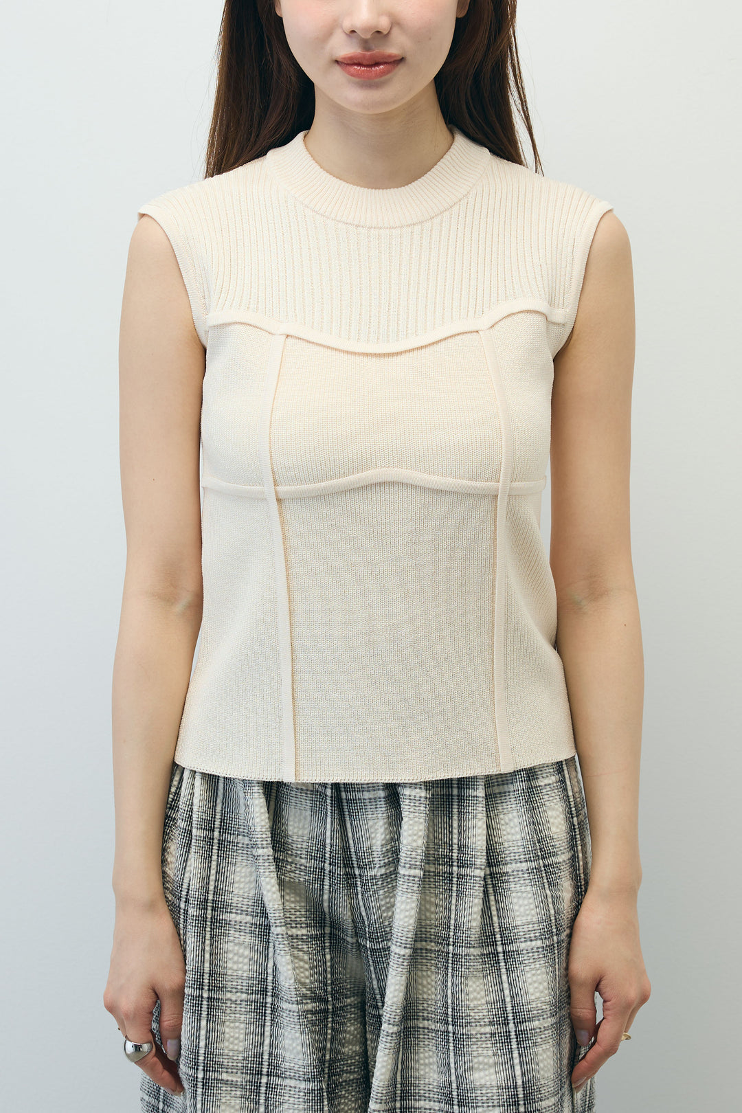 [予約/SET]ビスチェ見えノースリーブニット+チェックワイドパンツ(2set)