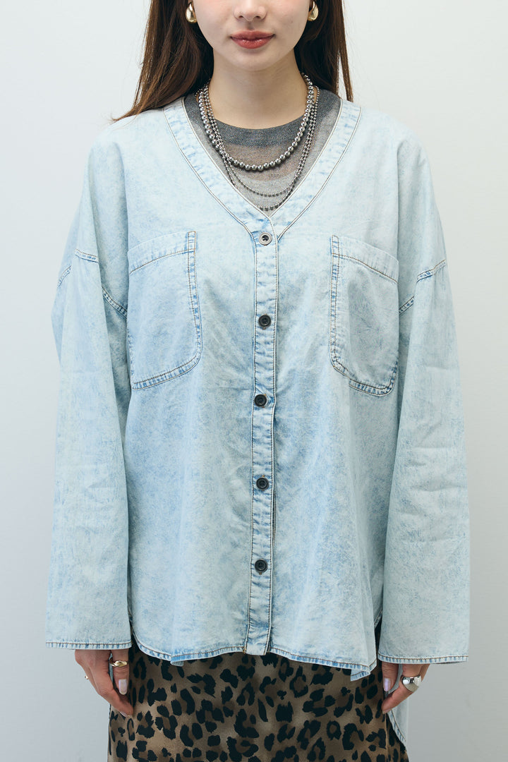 [予約/SET]デニムライクシャツ+シアーノースリーブニット+レオパードシアースカート(3set)