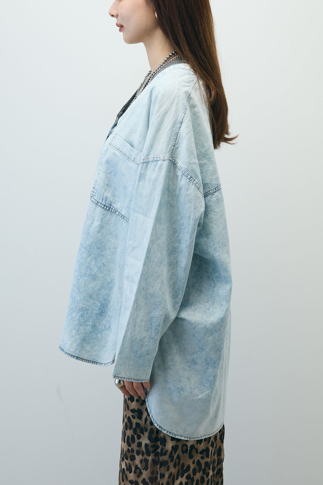 [予約/SET]デニムライクシャツ+シアーノースリーブニット+レオパードシアースカート(3set)