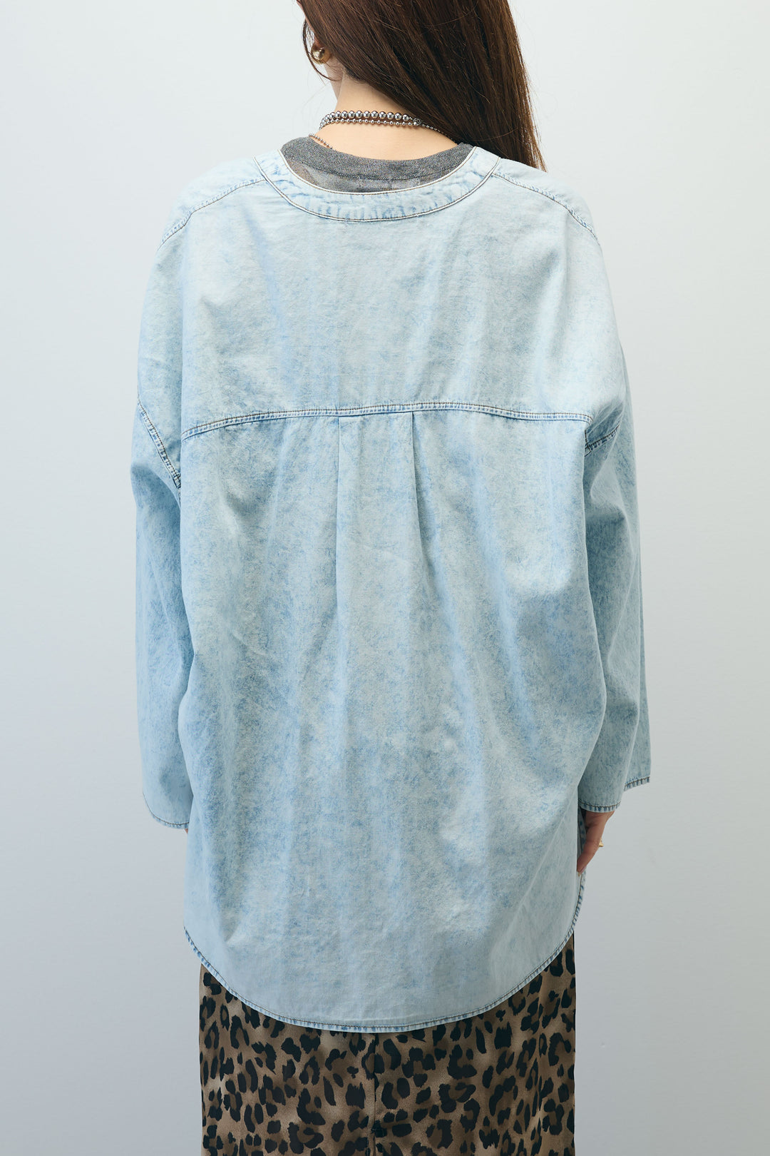 [予約/SET]デニムライクシャツ+シアーノースリーブニット+レオパードシアースカート(3set)