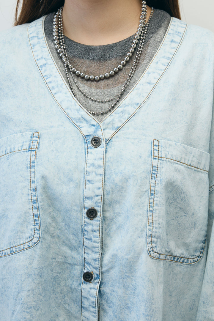 [予約/SET]デニムライクシャツ+シアーノースリーブニット(2set)