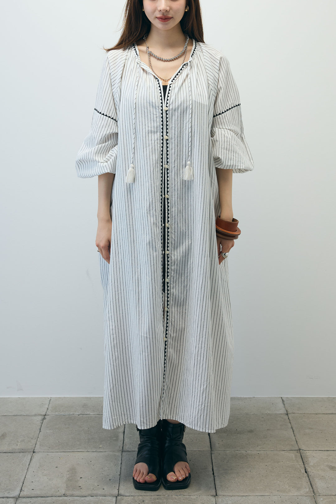 [予約/SET]ストライプ刺繍ワンピース+ツイルタックハーフパンツ(2set)