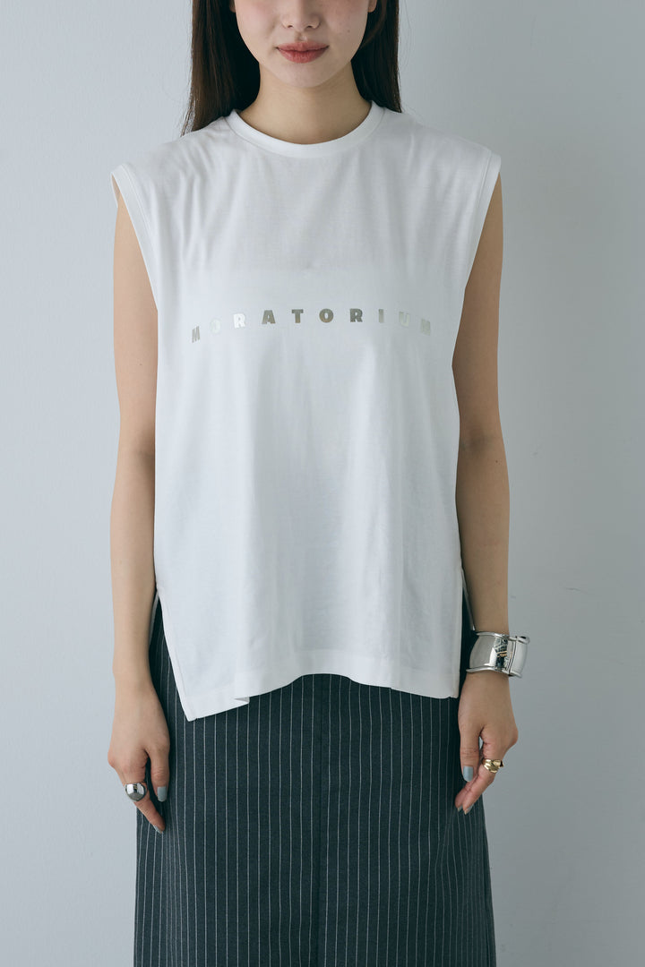 [予約/SET]切りっぱなしステッチデザインベスト+コンパクトスムース ミニ箔ロゴプリント+プリーツシアー切り替えスカート(3set)