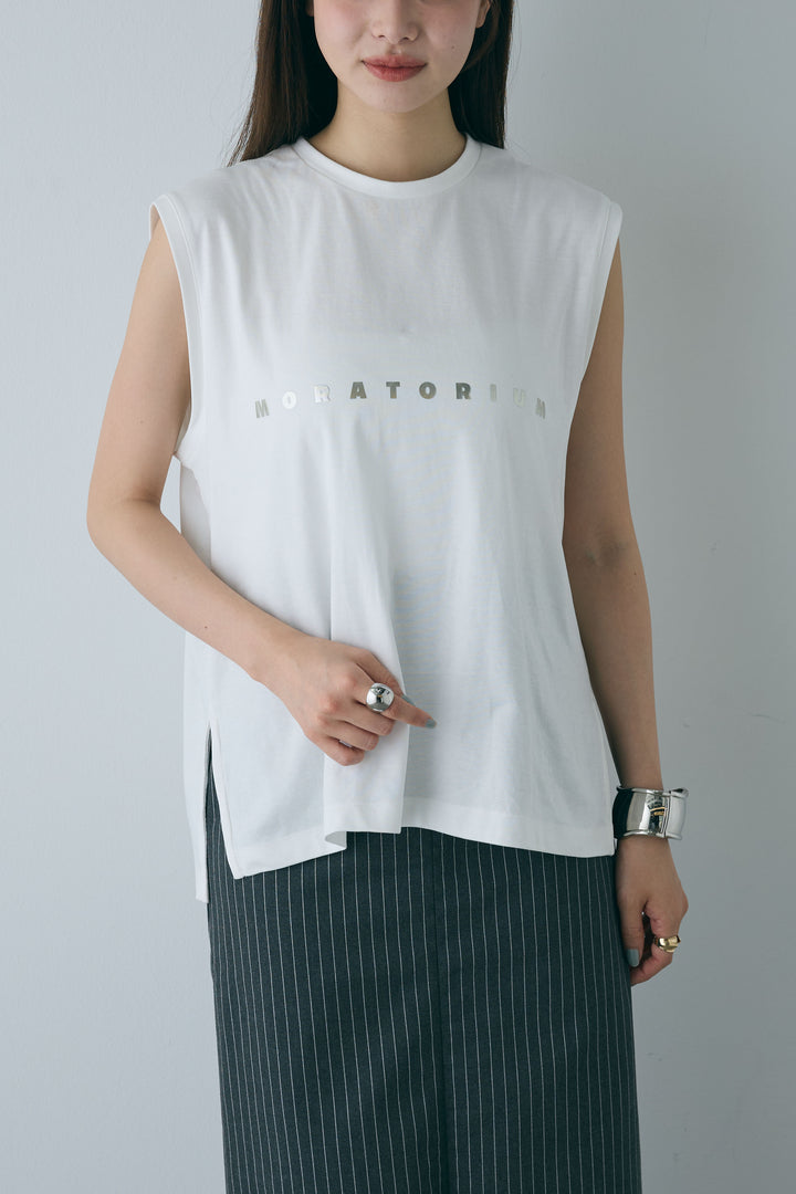 [予約/SET]スタンドネックサテンベスト+コンパクトスムース ミニ箔ロゴプリント+ストライプストレートスカート(3set)