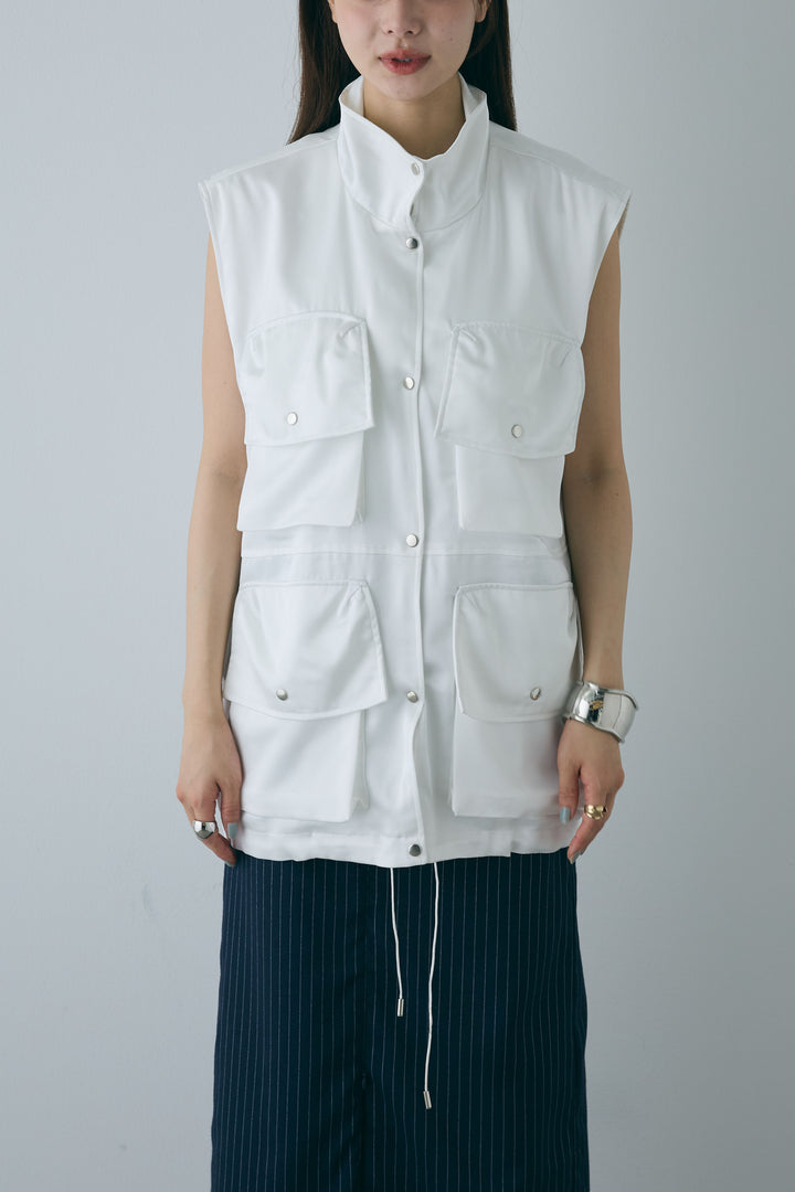 [予約/SET]スタンドネックサテンベスト+ストライプ編みニットスカート(2set)