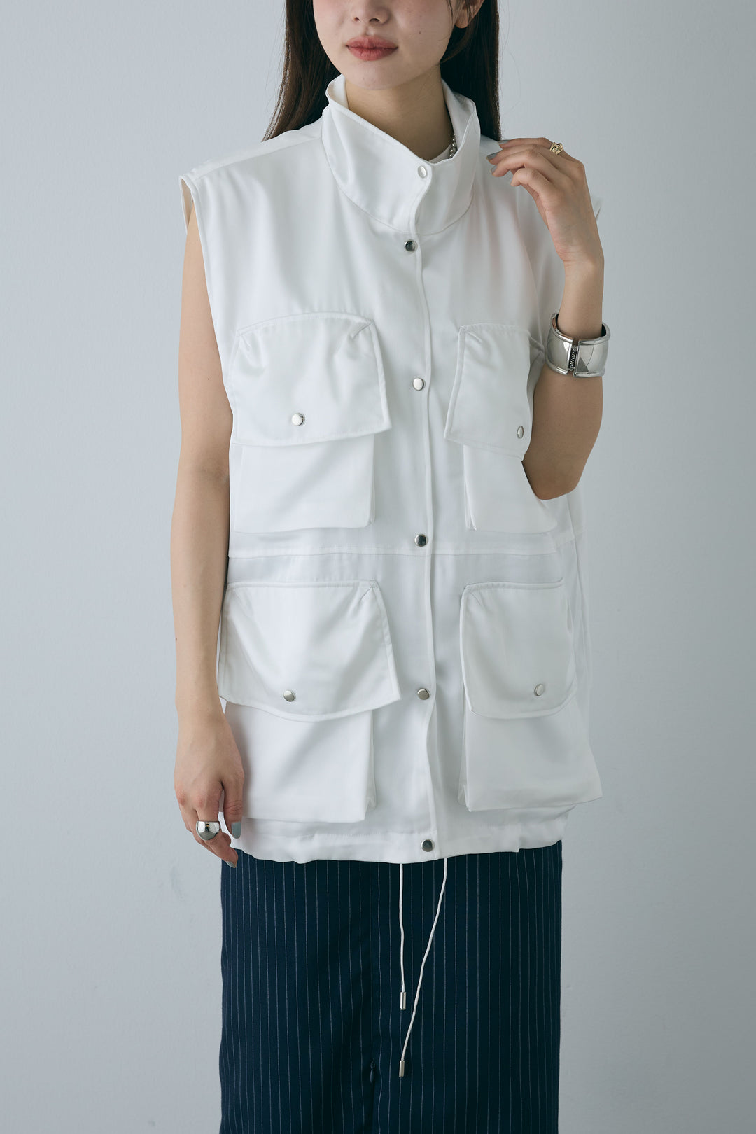 [予約/SET]スタンドネックサテンベスト+すかし編みキャミOP(2set)