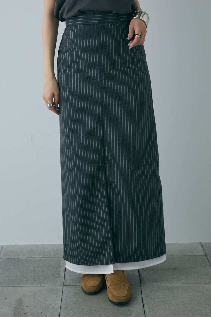 [予約/SET]スタンドネックサテンベスト+ストライプストレートスカート(2set)