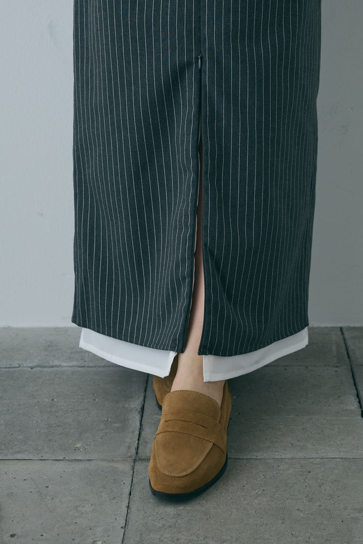 [予約/SET]フロント巻きノースリーブシャツ+ストライプストレートスカート(2set)