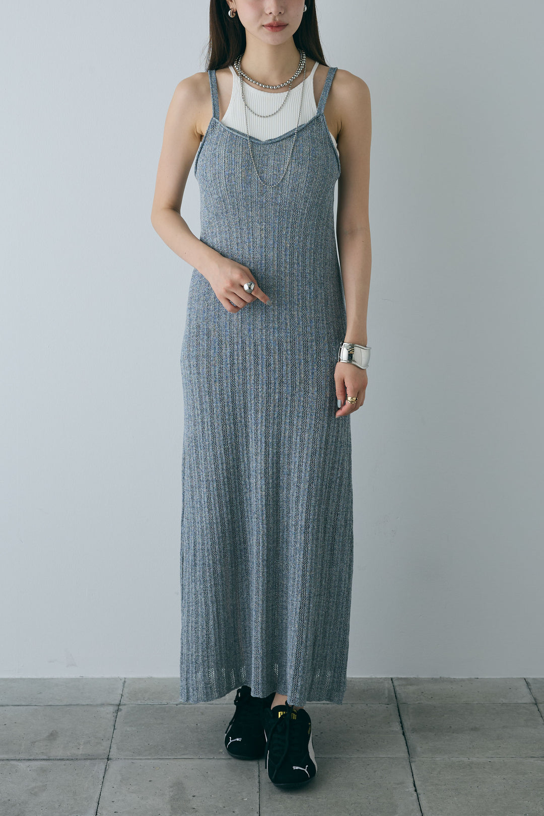 [予約/SET]スタンドネックサテンベスト+すかし編みキャミOP(2set)