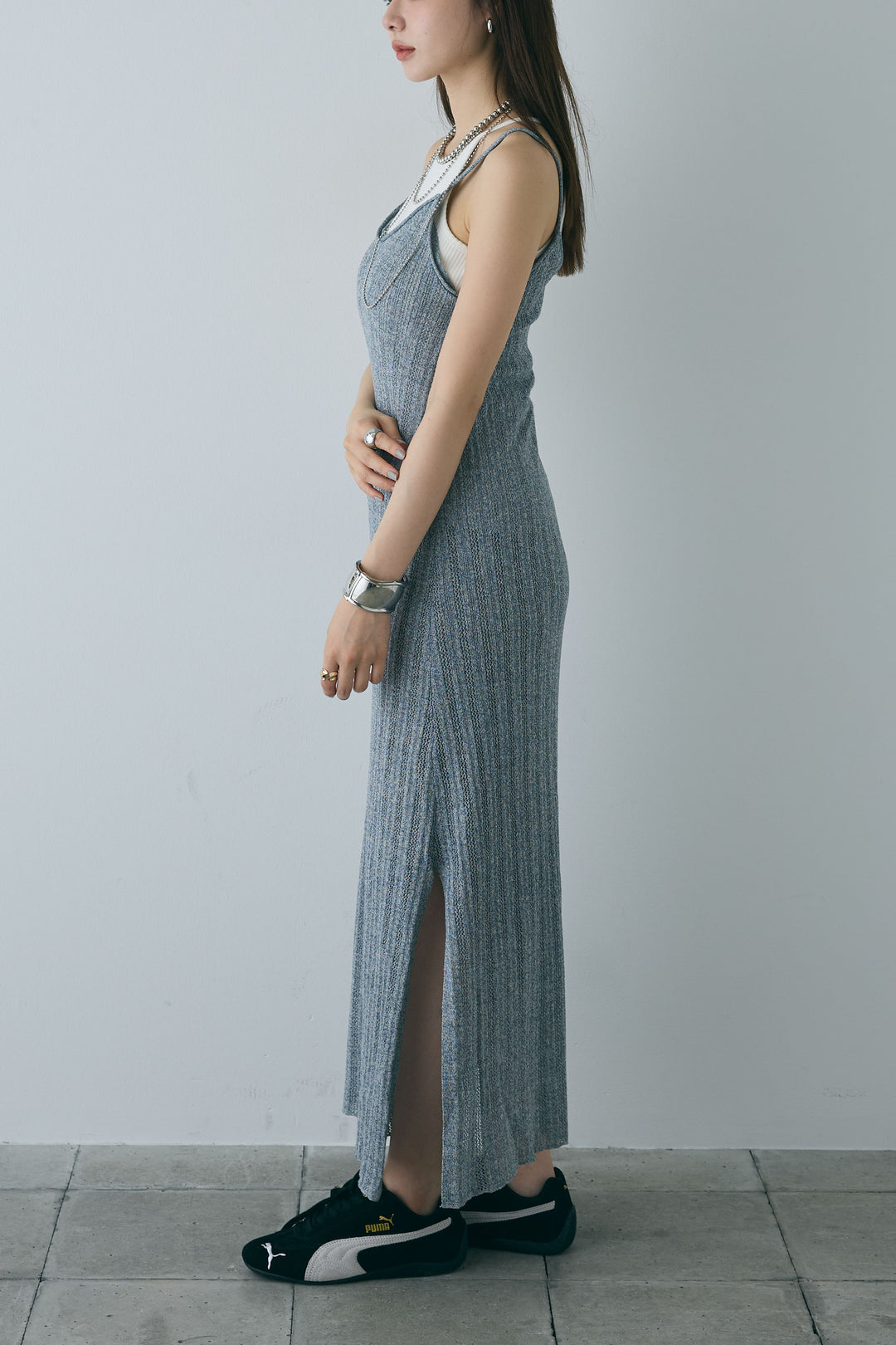 [予約/SET]スタンドネックサテンベスト+すかし編みキャミOP(2set)