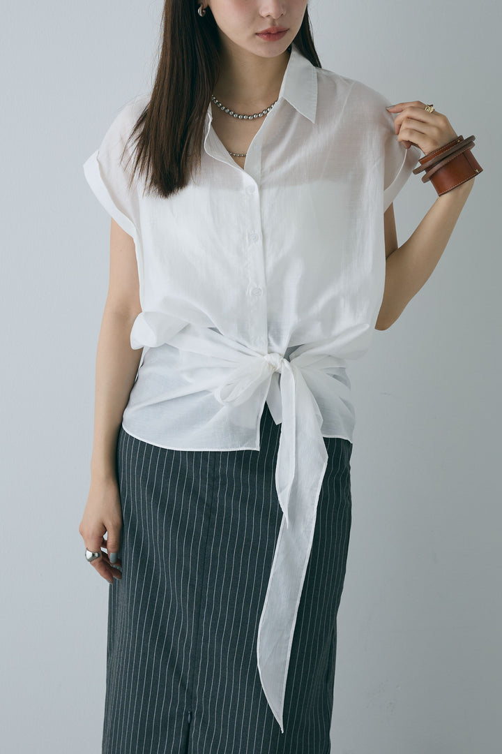 [予約/SET]フロント巻きノースリーブシャツ+ストライプストレートスカート(2set)