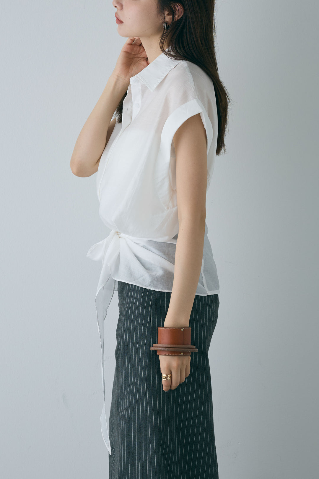 [予約/SET]フロント巻きノースリーブシャツ+ストライプストレートスカート(2set)