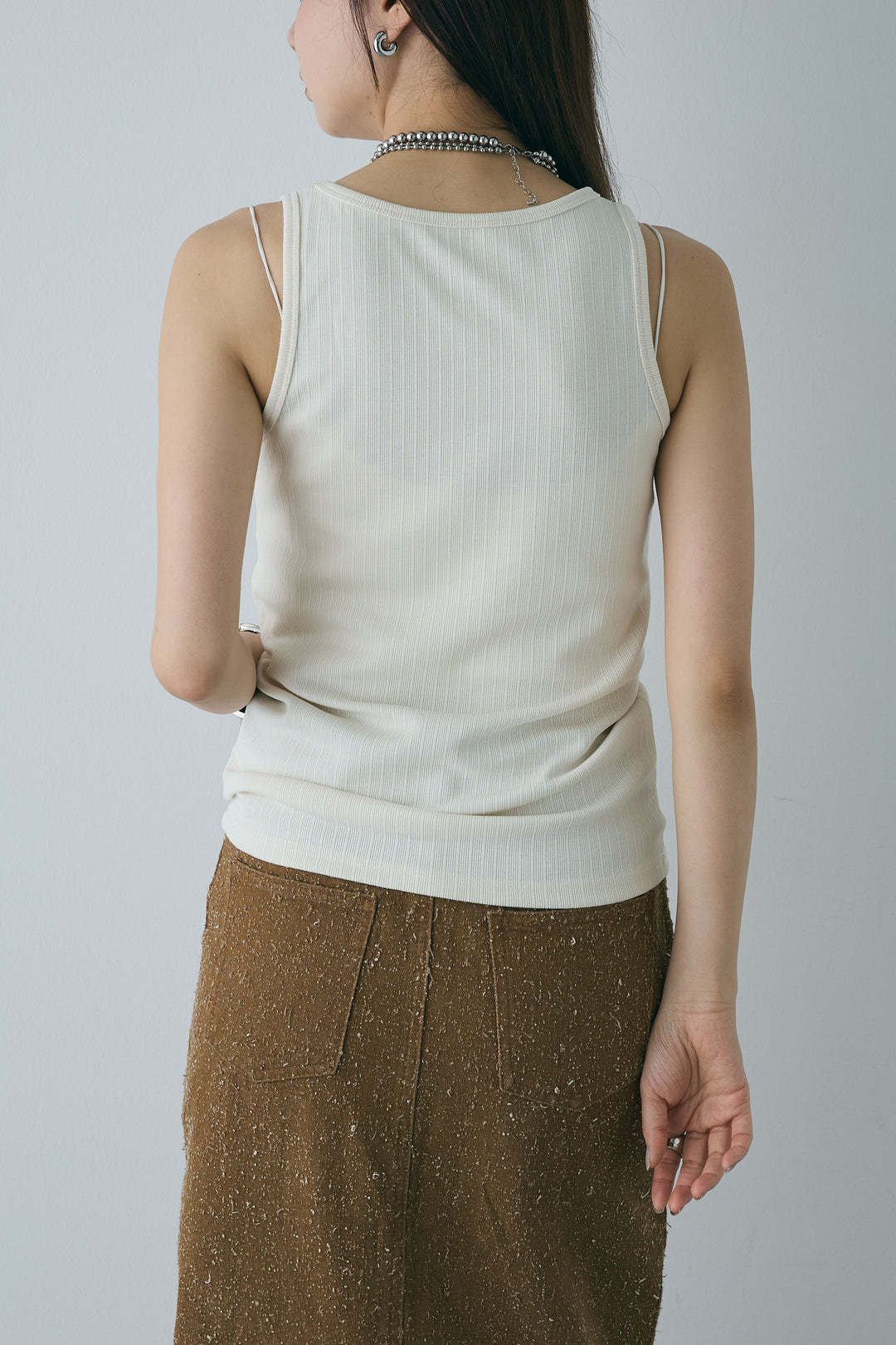 [予約/SET]リブロゴタンク+スカーフ風バックリボンキャミソール+ネップツイルストレートスカート(3set)