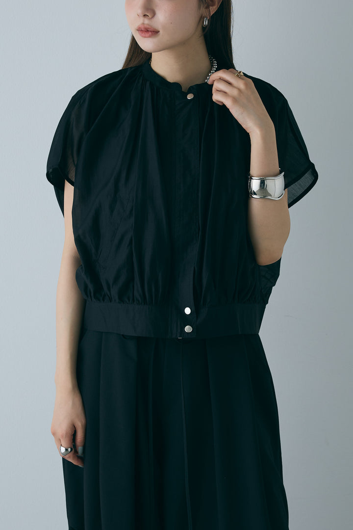 [予約/SET]フレンチスリーブシアーブルゾン+コンパクトスムース ミニ箔ロゴプリント+ランダムタック入りワイドパンツ(3set)