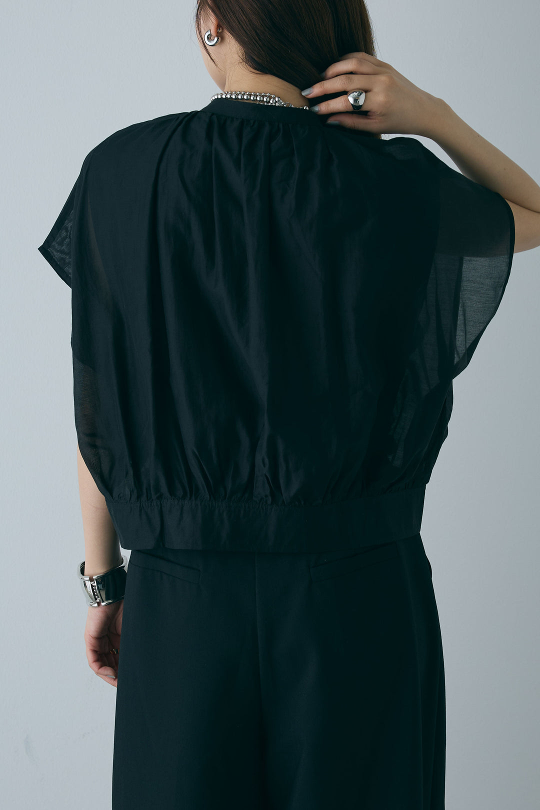 [予約/SET]フレンチスリーブシアーブルゾン+コンパクトスムース ミニ箔ロゴプリント+ランダムタック入りワイドパンツ(3set)