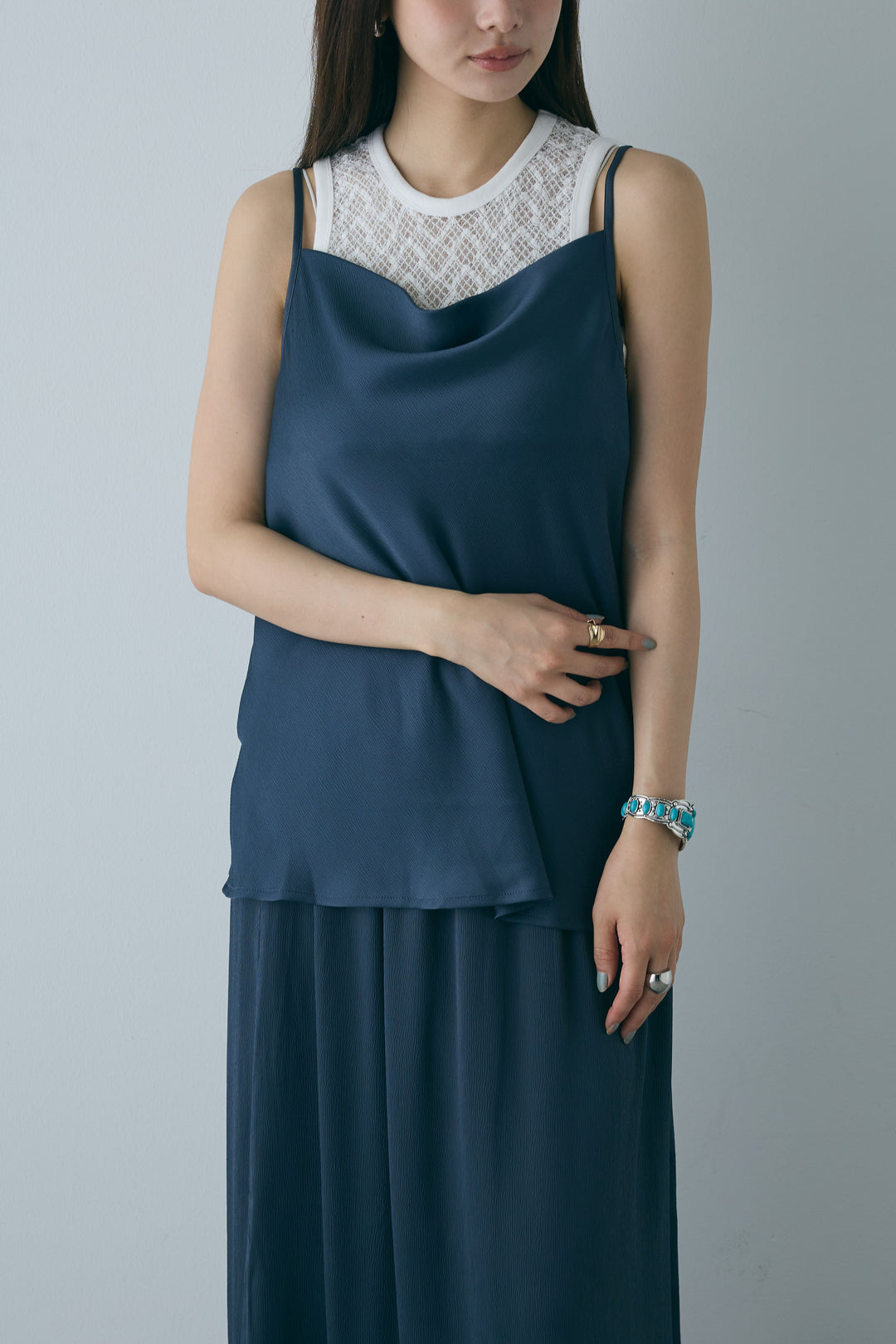 [予約/SET]ドレープサテンキャミソール×ロングスカートセットアップ+ストレッチレースタンク(2set)