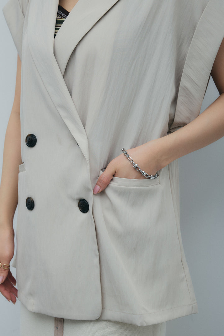 [予約/SET]リネンライクダブルジレ+ボーダーリブカップ付きキャミソール+リネンタッチ配色ホックスカート(3set)