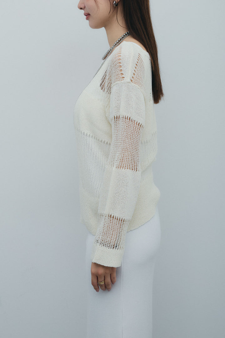 [予約/SET]カップ付きバックオープンリブカットワンピース+透かし編みニットプルオーバー(2set)