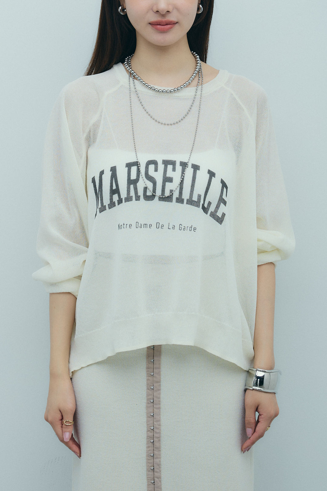 [予約/SET]ロゴプリントシアーニット+リネンタッチ配色ホックスカート(2set)