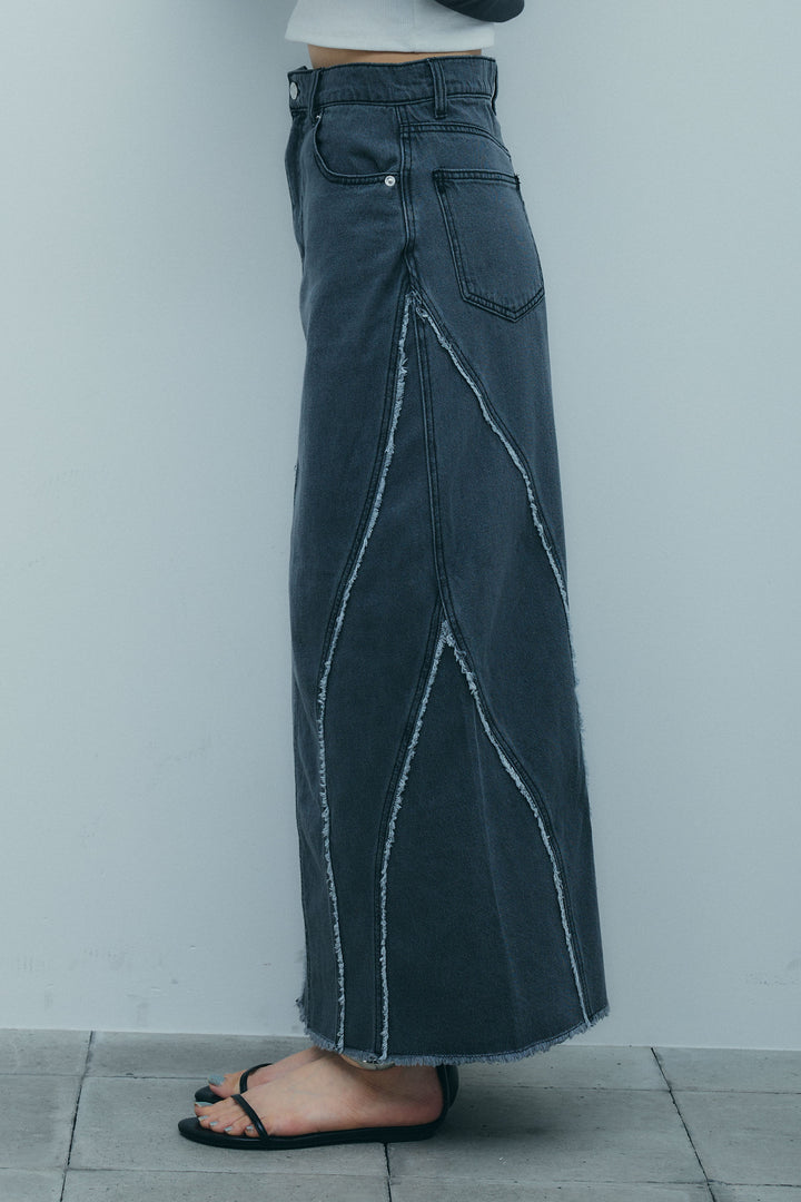 [予約/SET]袖ボリュームシャーリングBL+フリンジウェーブデニムスカート(2set)