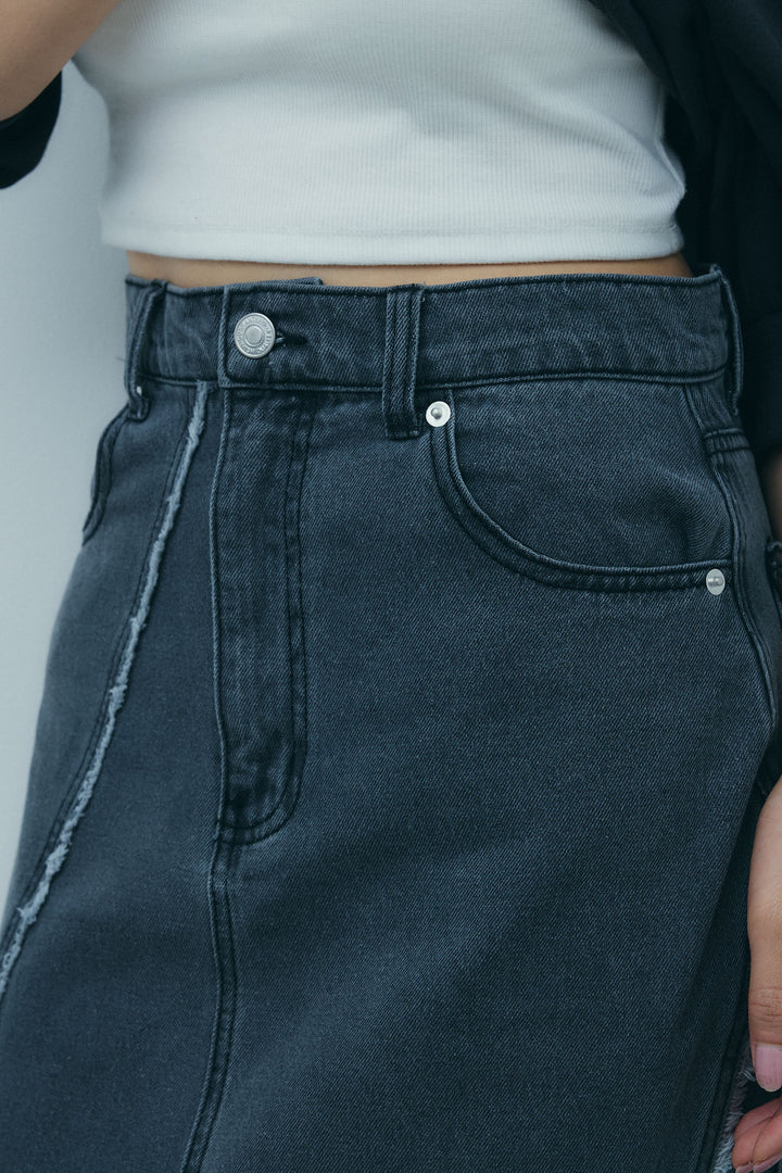 [予約/SET]チェック柄バルーンアメスリブラウス+フリンジウェーブデニムスカート(2set)