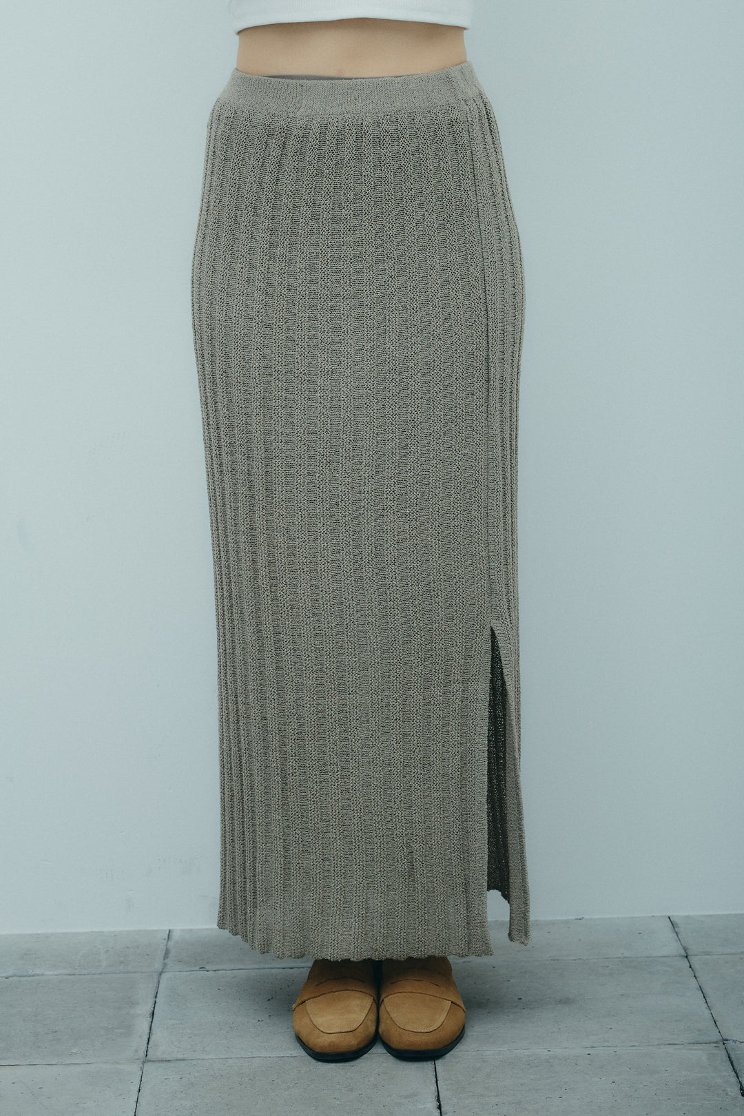 [予約/SET]リネンサファリリラックスシャツ+ストライプ編みニットスカート(2set)