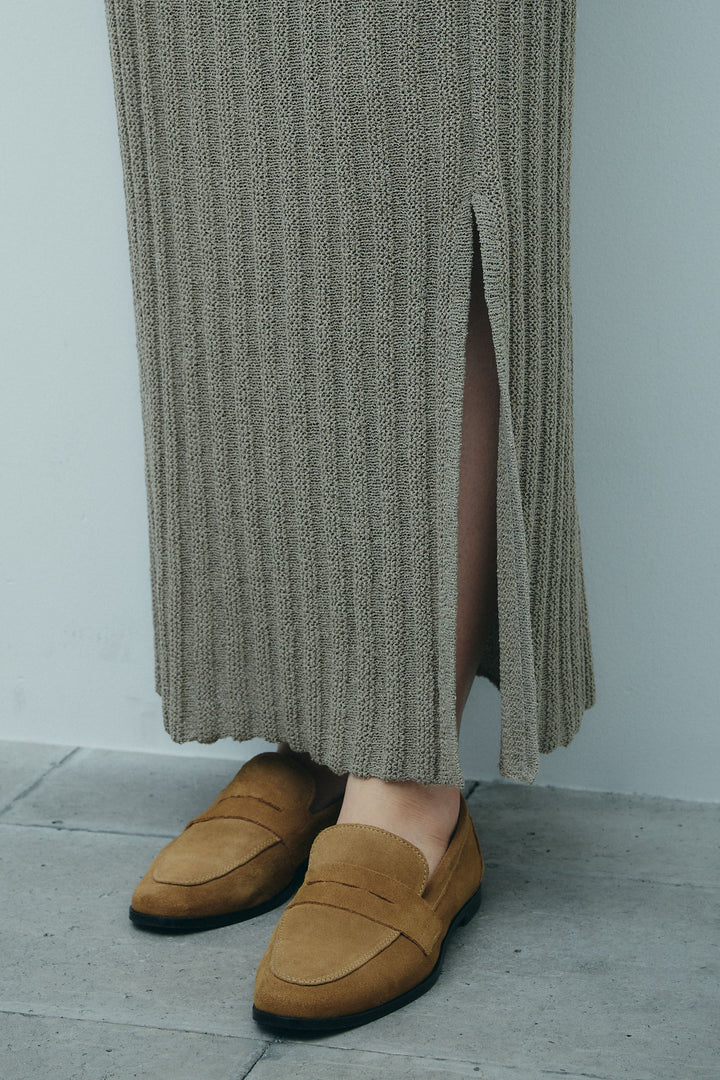 [予約/SET]スタンドネックサテンベスト+ストライプ編みニットスカート(2set)