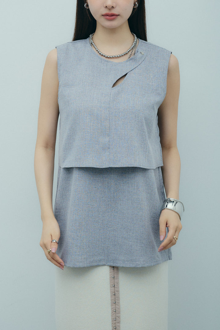 [予約/SET]レイヤード風ノースリーブブラウス+裾切りっぱなしデザインパンツ(2set)