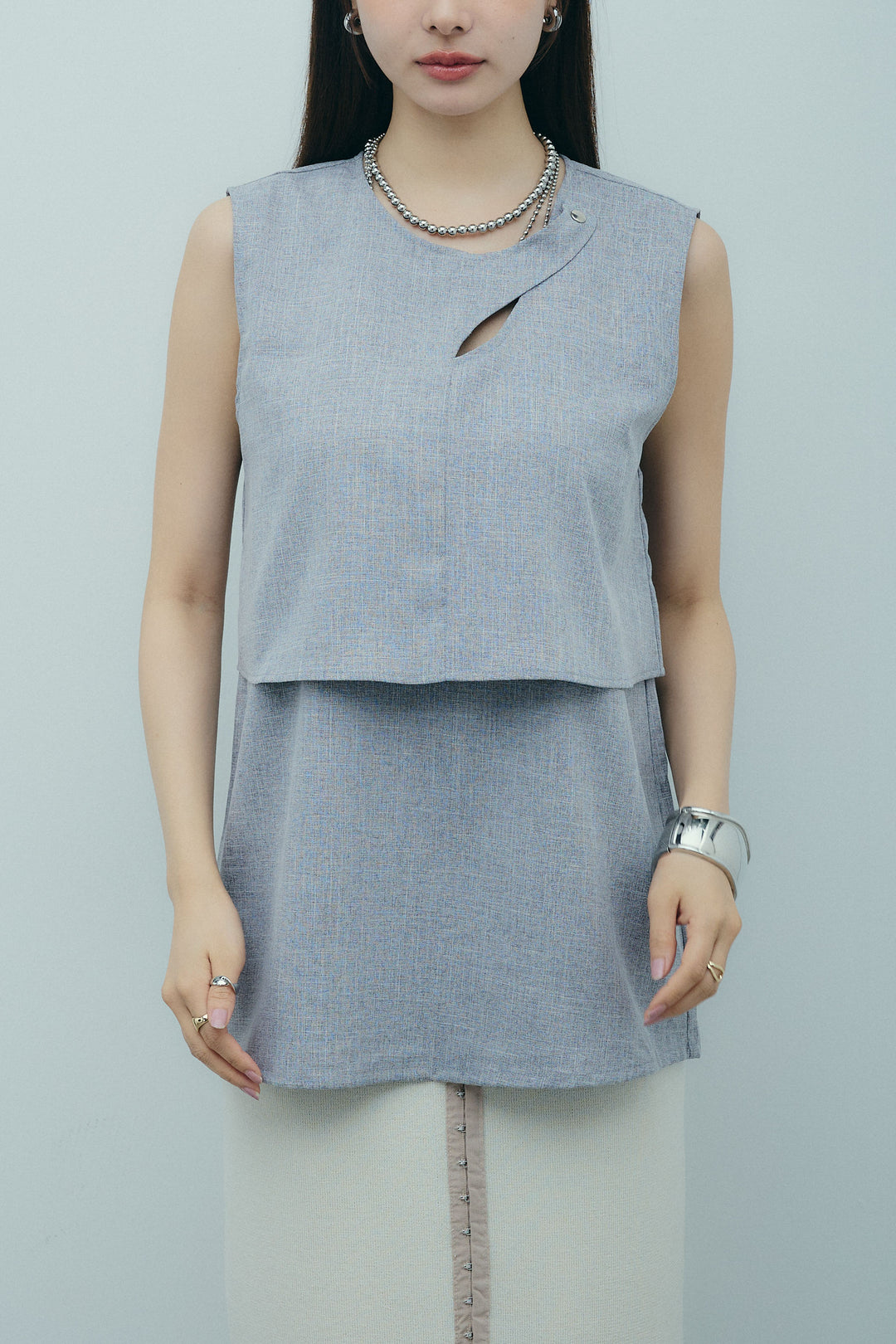 [予約/SET]レイヤード風ノースリーブブラウス+リネンタッチ配色ホックスカート(2set)