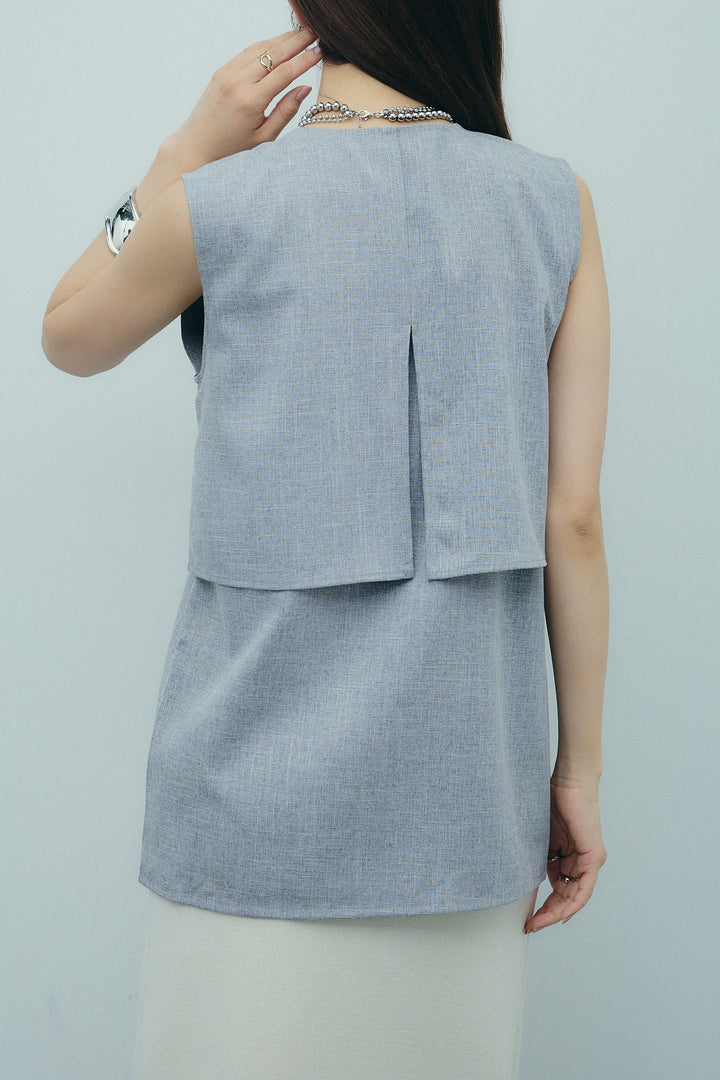 [予約/SET]レイヤード風ノースリーブブラウス+リネンタッチ配色ホックスカート(2set)