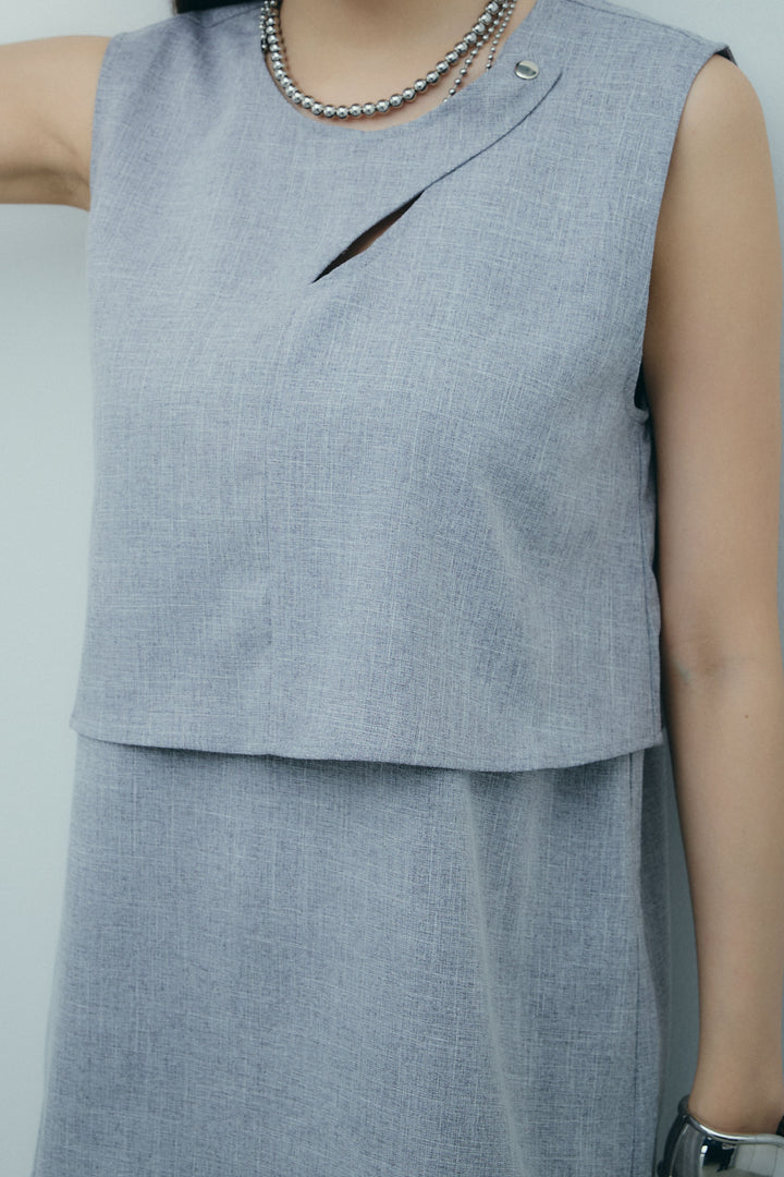 [予約/SET]レイヤード風ノースリーブブラウス+リネンタッチ配色ホックスカート(2set)