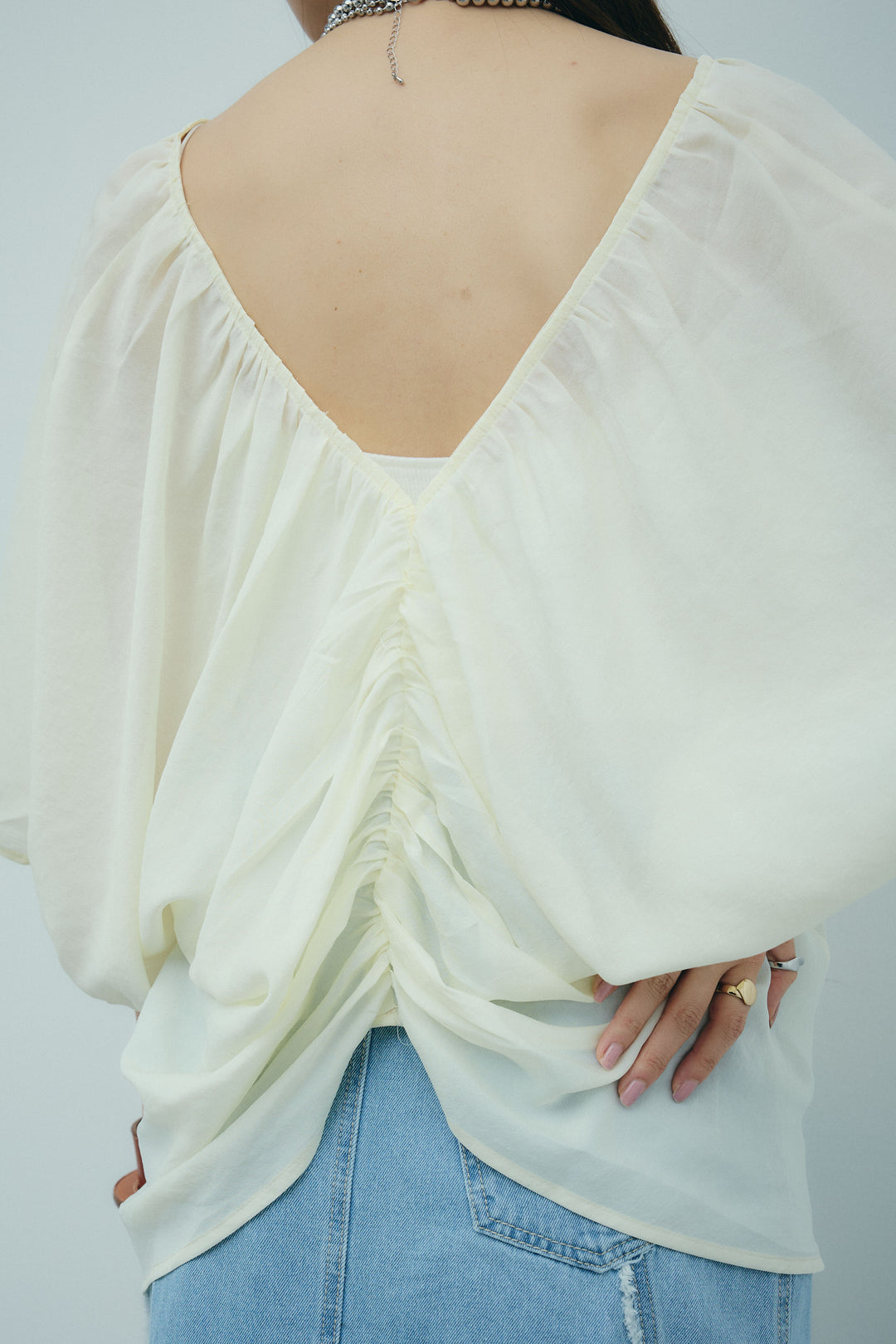 [予約/SET]袖ボリュームシャーリングBL+フリンジウェーブデニムスカート(2set)