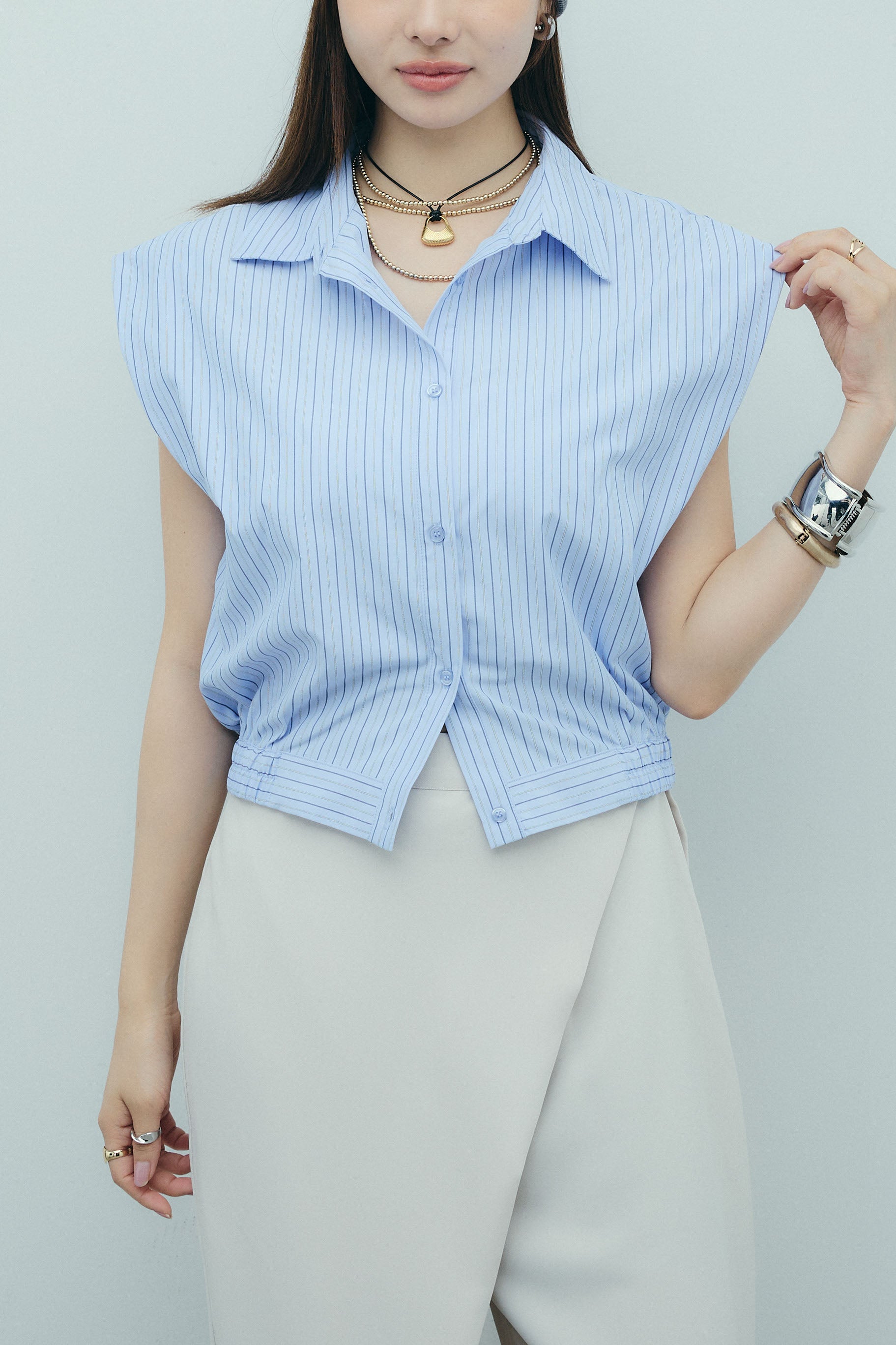 予約]ストライプタックノースリーブシャツ – IAMALPHA