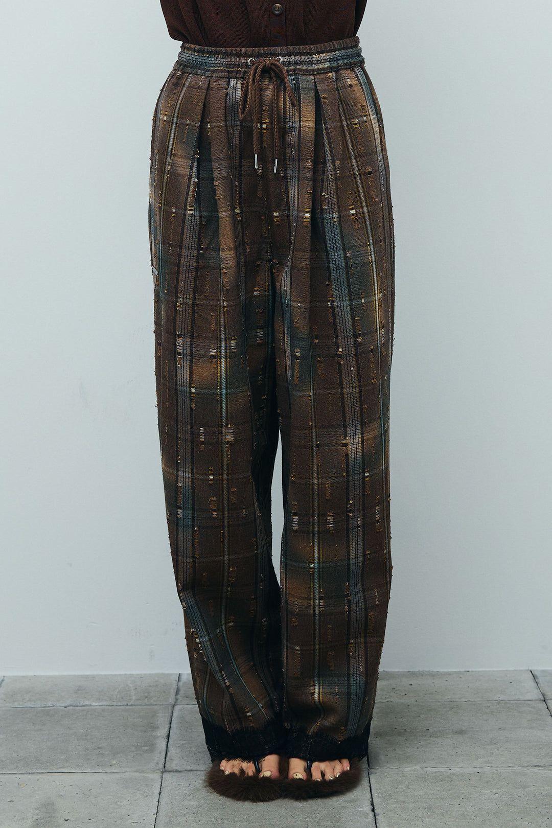 [予約]レースドッキングビンテージ加工チェックパンツ