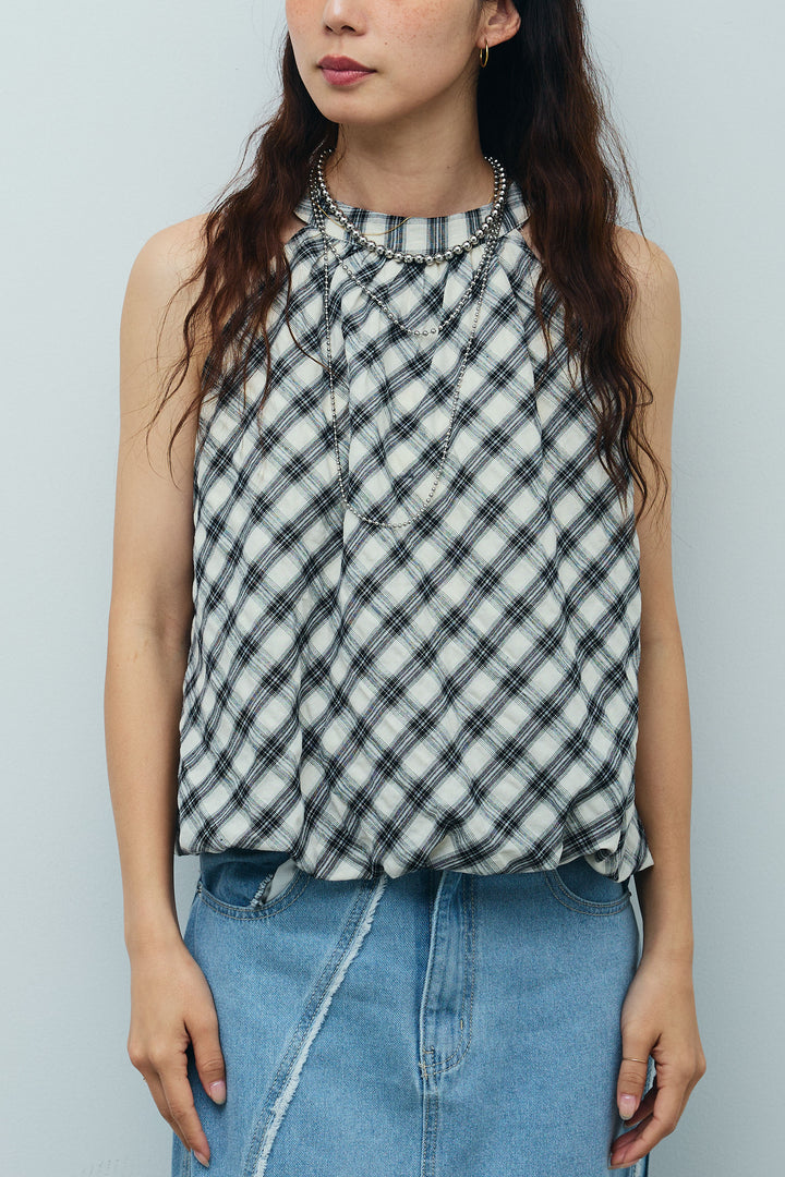 [予約]チェック柄バルーンアメスリブラウス