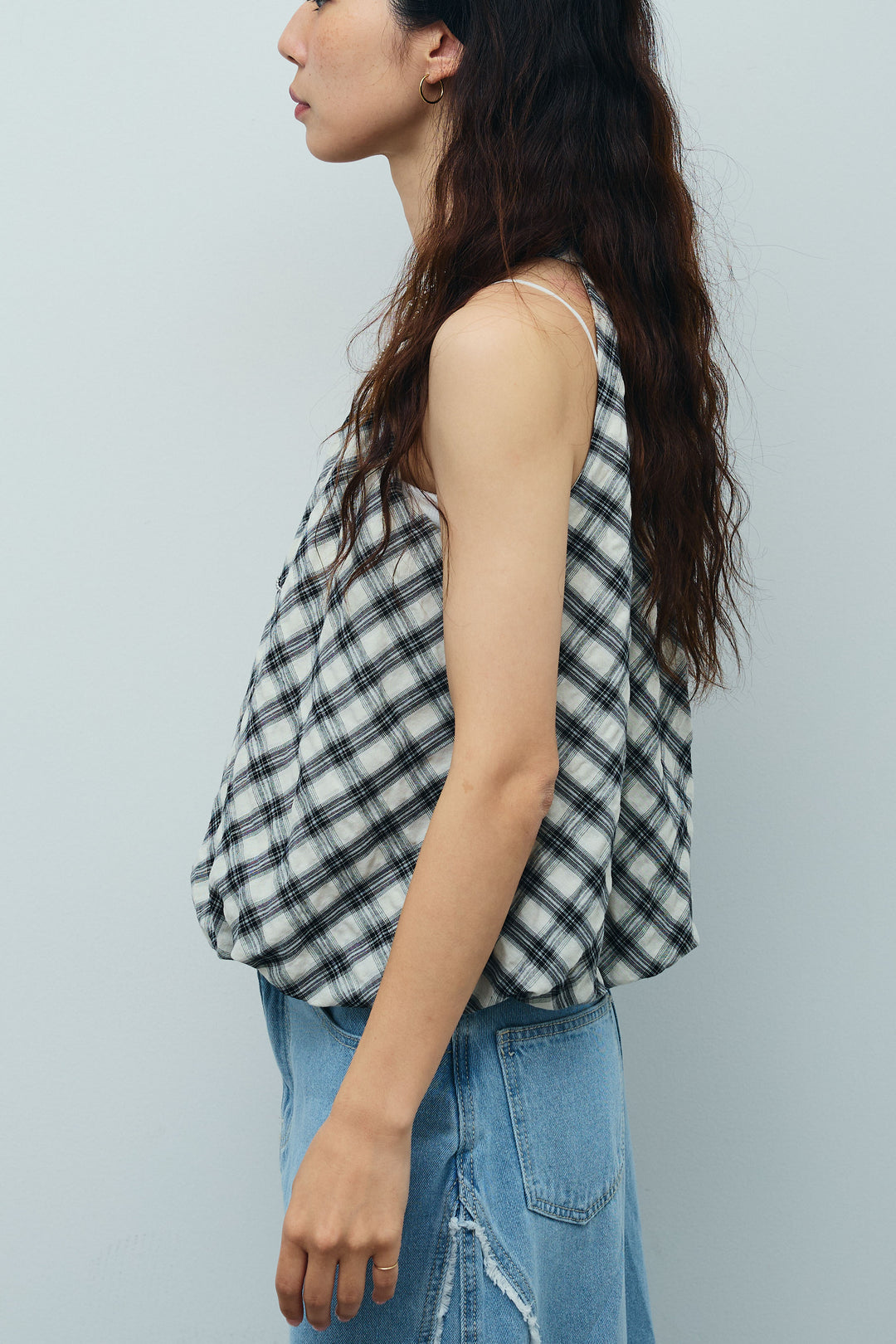 [予約/SET]チェック柄バルーンアメスリブラウス+フリンジウェーブデニムスカート(2set)