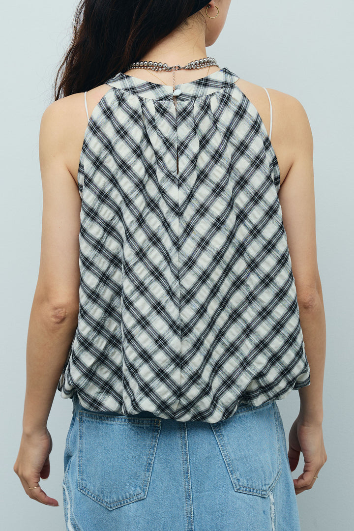 [予約]チェック柄バルーンアメスリブラウス