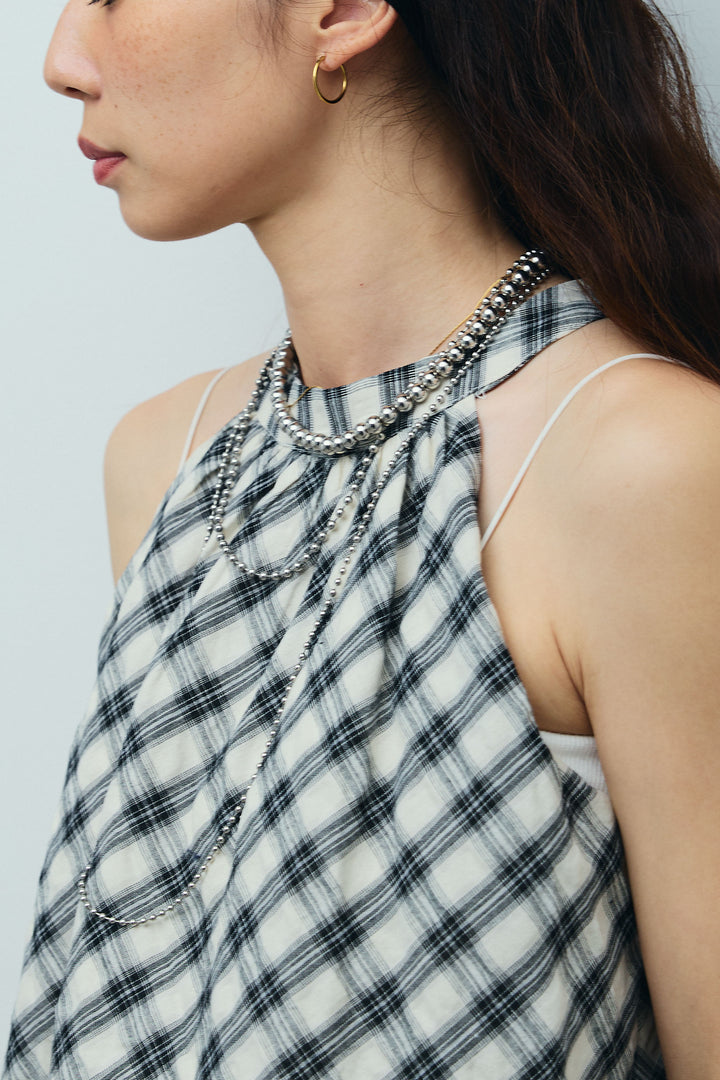 [予約]チェック柄バルーンアメスリブラウス