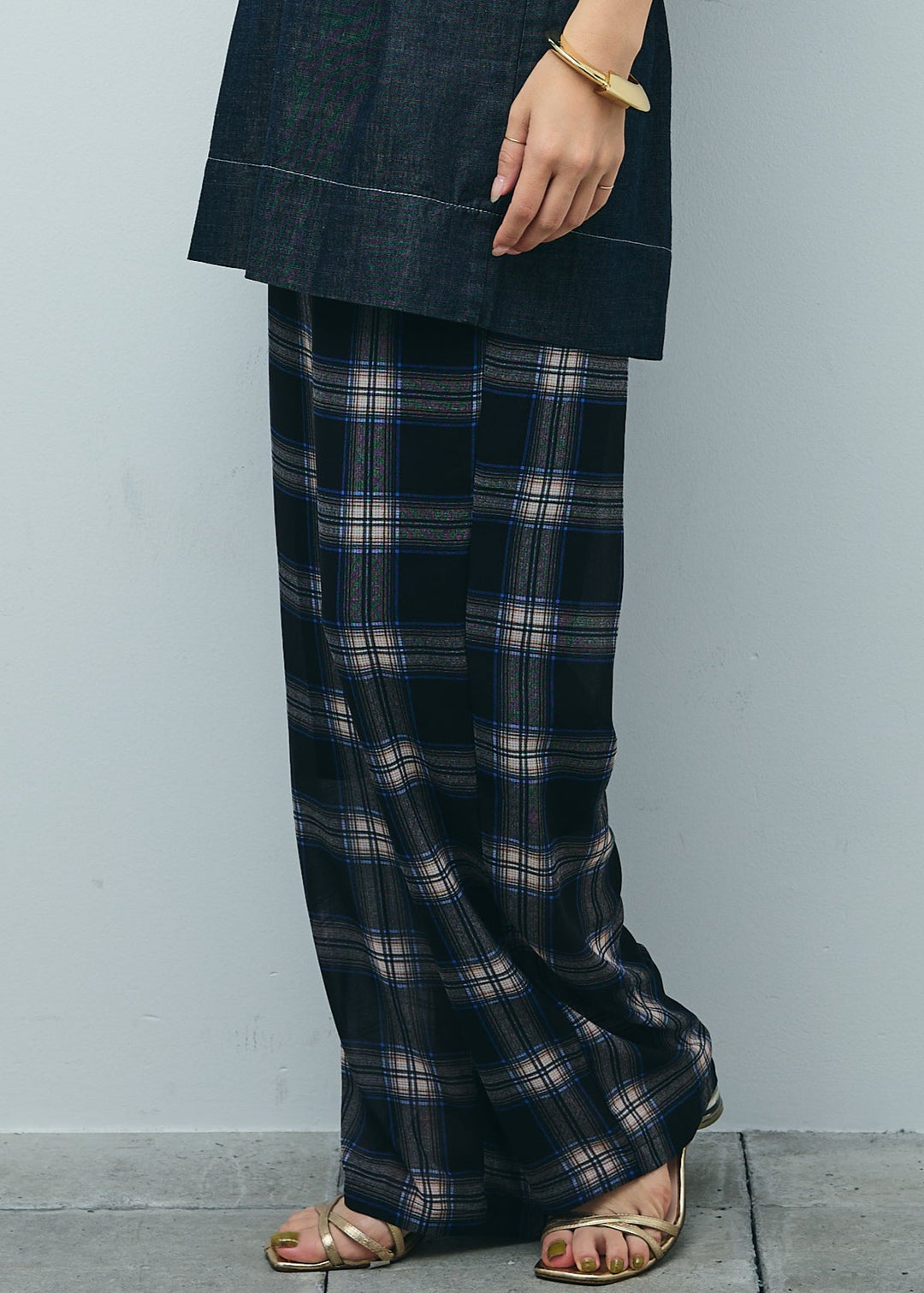 [予約/SET]ベルト付きミドル丈ブラウス+シアータータンチェックワイドパンツ(2set)