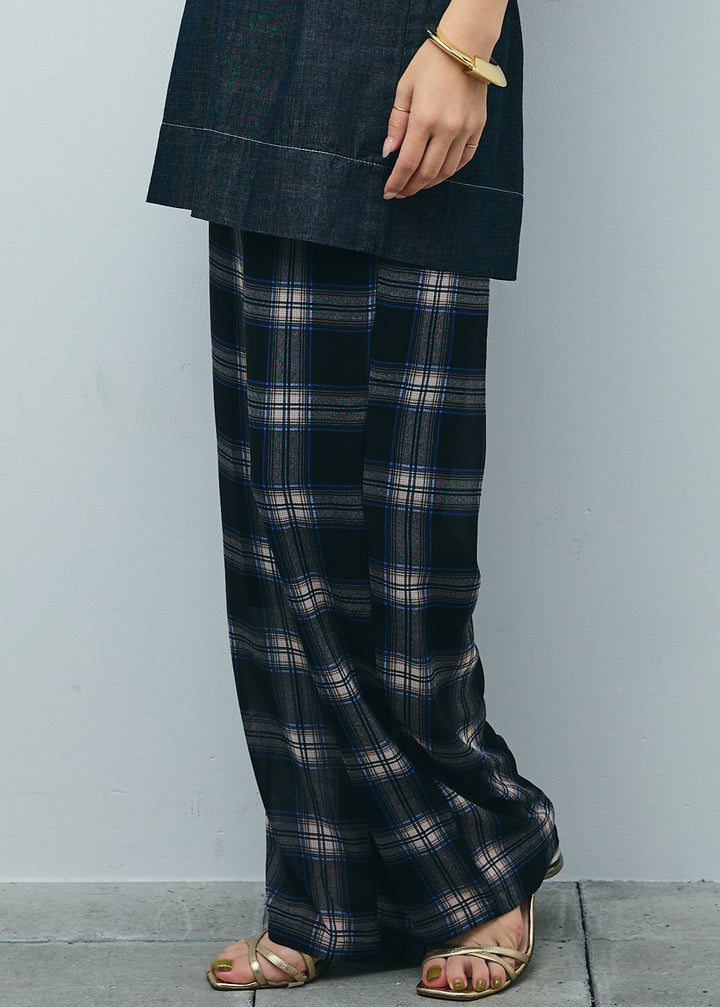 [予約/SET]ベルト付きミドル丈ブラウス+シアータータンチェックワイドパンツ(2set)