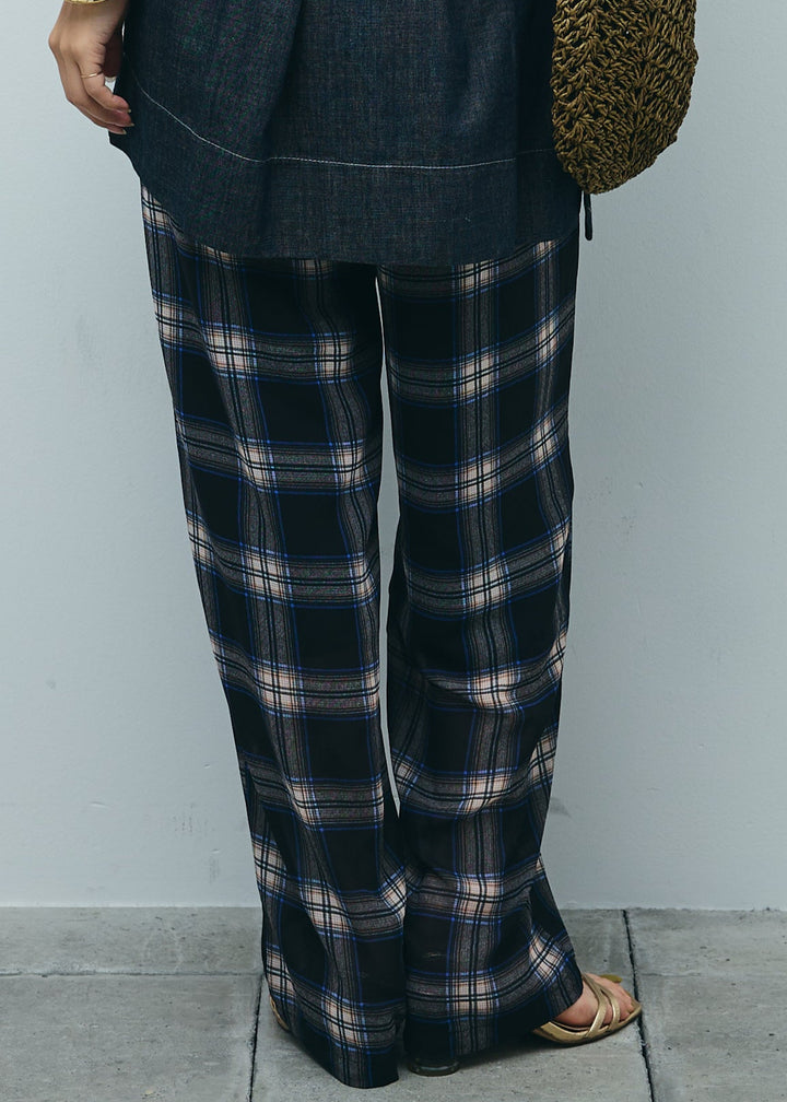 [予約/SET]ベルト付きミドル丈ブラウス+シアータータンチェックワイドパンツ(2set)