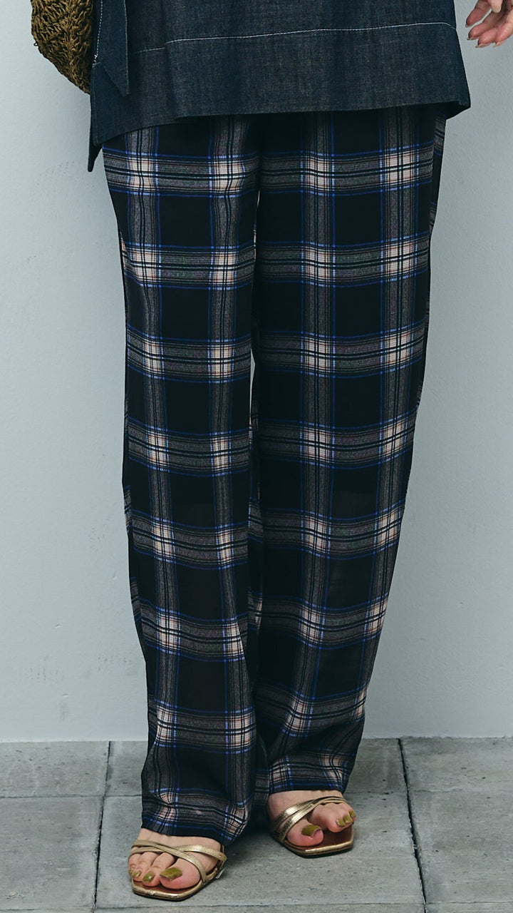 [予約/SET]ベルト付きミドル丈ブラウス+シアータータンチェックワイドパンツ(2set)