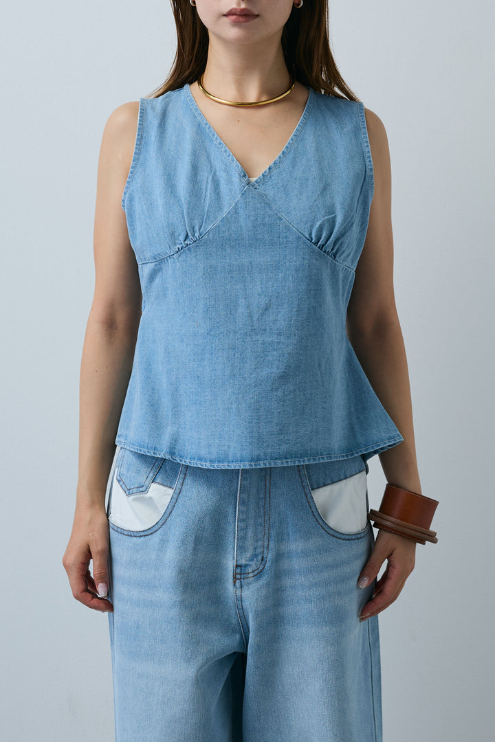 [予約/SET]Vネックバックリボンデニムトップス+デニムルーズポケットパンツ(2set)
