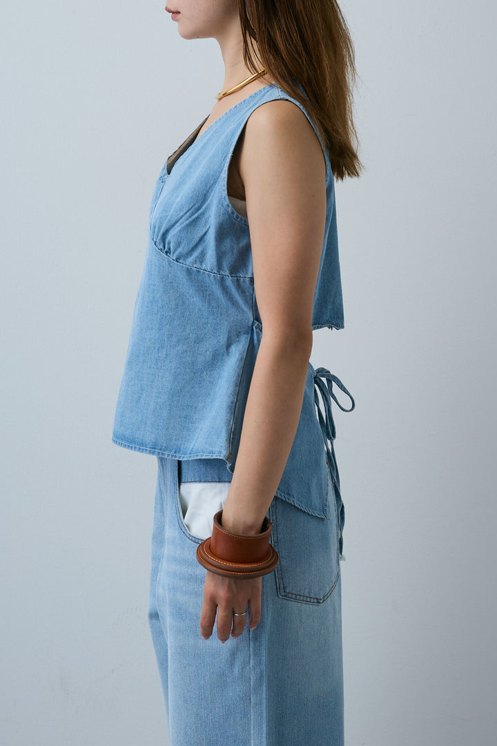 [予約/SET]Vネックバックリボンデニムトップス+デニムルーズポケットパンツ(2set)