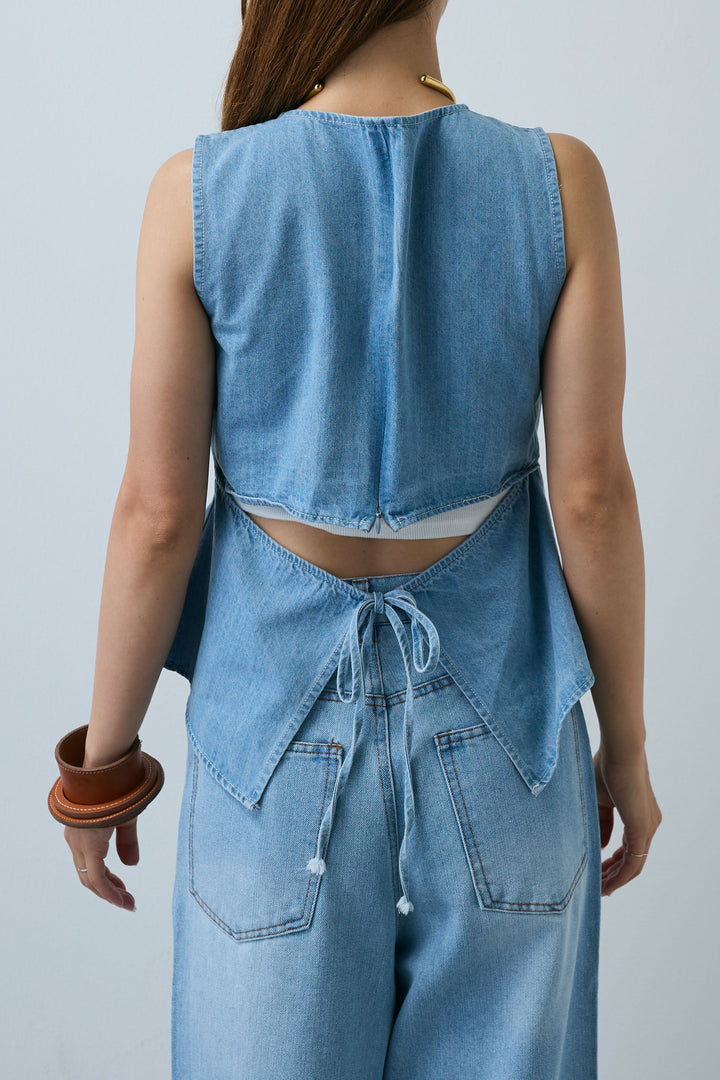 [予約]Vネックバックリボンデニムトップス