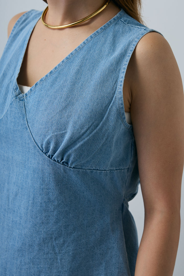 [予約]Vネックバックリボンデニムトップス