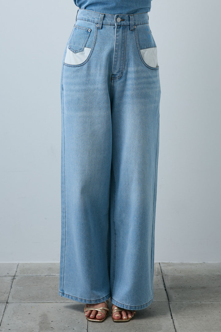 [予約/SET]2wayぺプラムニットトップス+デニムルーズポケットパンツ(2set)